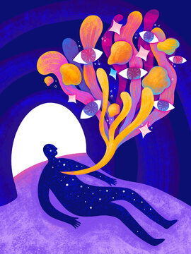 Person lying down with colorful shapes and eyes in background