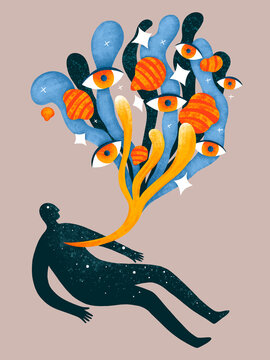 Creative illustration of a person with colorful thoughts coming out