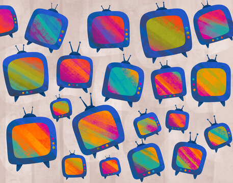 Colorful televisions on a light background in a creative design