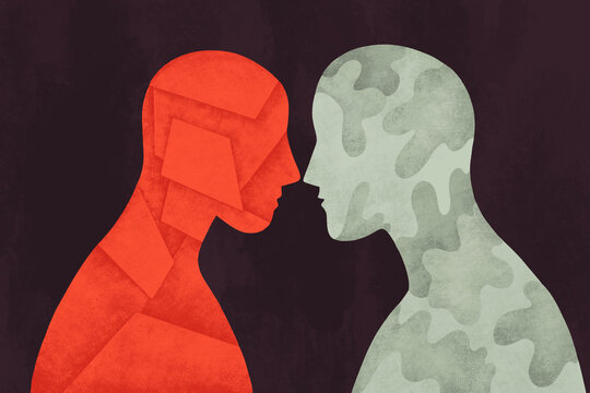 Shapes of connection between red and grey figures in a simple setting