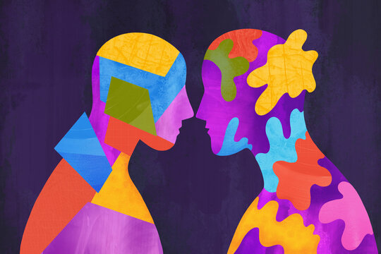 Colorful shapes connect two figures in an abstract design of unity