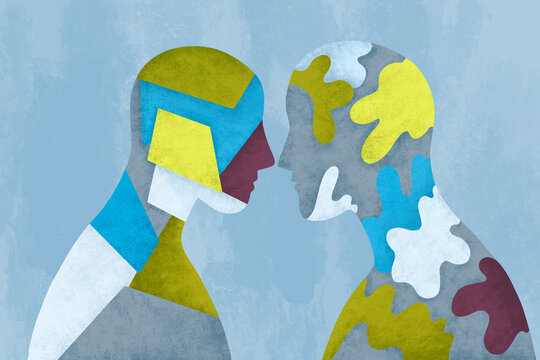 Two abstract figures face each other in colorful design