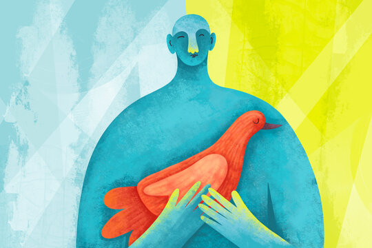 Person holds bird in colorful setting with abstract design