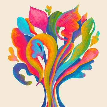 Colorful tree design with flowing shapes and vibrant leaves