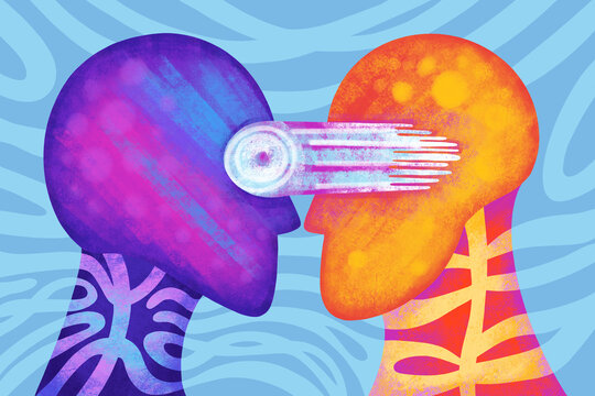 Two figures face each other with beams of light in bright colors