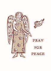 Naklejka premium Pray for peace holy angel with peace dove bird . Isolated hand drawn flat vector illustration. Christian prayer greetings card or church print bulletin. Bible journaling sticker style clip art motif