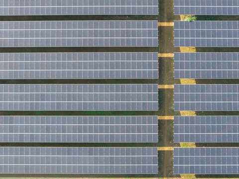 Aerial View of Large Solar Panel Farm