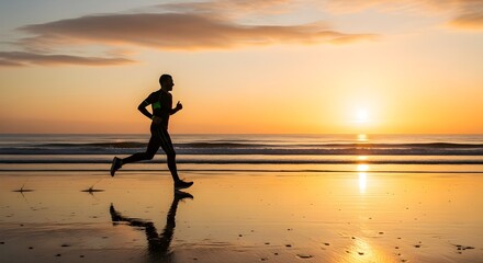 Runner Silhouetted Against a Golden Sunset Reflecting on a Calm Beach During a Morning Workout Session