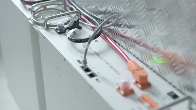 Home solar battery storage module with power cables and connectors.