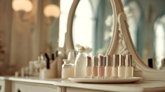 A close-up of an ivory-toned dressing table. A sophisticated arrangement of unlabeled serum bottles, a tray of lipsticks in neutral tones, and a large oval mirror