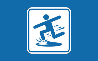 A blue and white warning sign indicating a slippery surface with a person slipping.