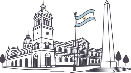 Argentine landscape with government building and flag Argentina obelisk black and white © CDMIZAN