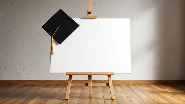 A blank canvas on an easel with a graduation cap on the side in a well-lit room with wooden flooring