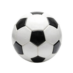 Traditional soccer ball with black pentagons and white hexagons in front of a white background