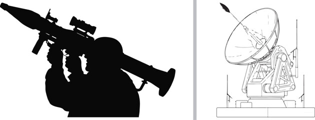 This extensive collection of vector illustrations depicts a wide range of military hardware, including aircraft, transport vehicles, tactical missiles, radar systems, and various munitions.