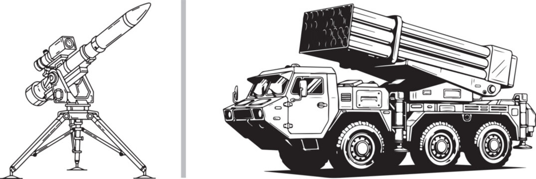 This set of vector illustrations depicts various military hardware, including a missile, a portable tripod-mounted launcher, and a multiple-launch rocket system (MLRS) mounted on a transport truck.