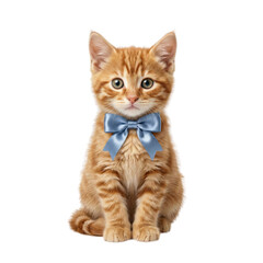 Obraz premium Orange tabby kitten wearing blue bow tie isolated. Cute domestic pet concept.