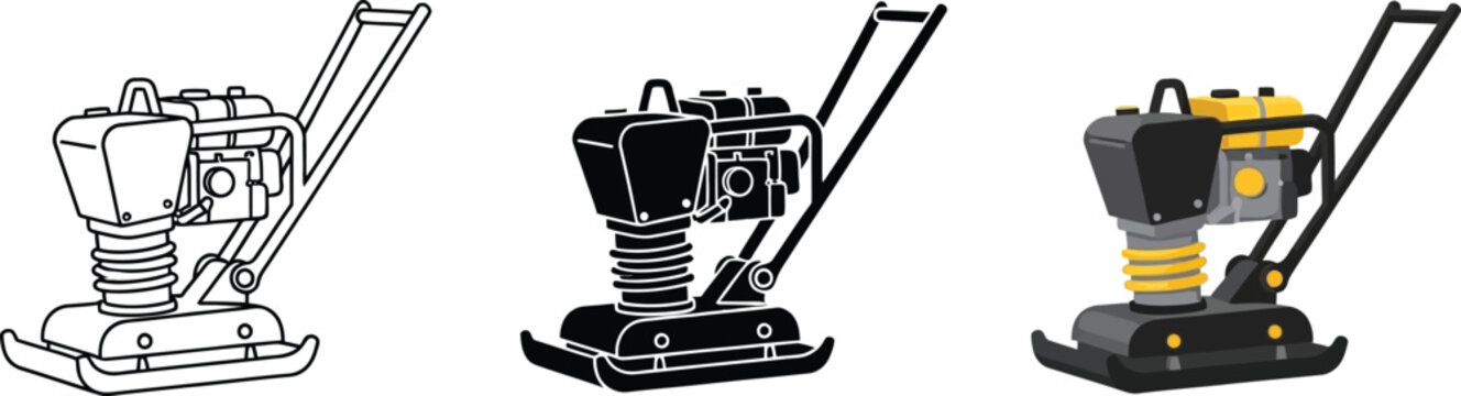 Set of plate compactor vector illustrations including outline silhouette and colored versions ideal for construction and heavy machinery designs