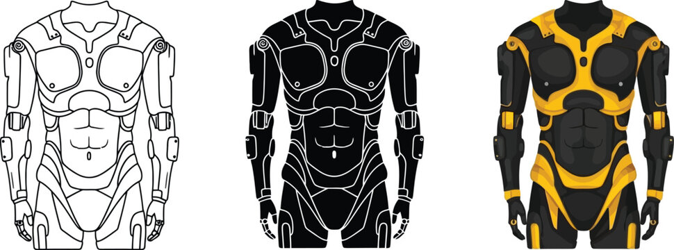 Futuristic robot torso vector illustration showing detailed armor plating in outline silhouette and black and yellow colored variations ideal for sci-fi and technology concepts