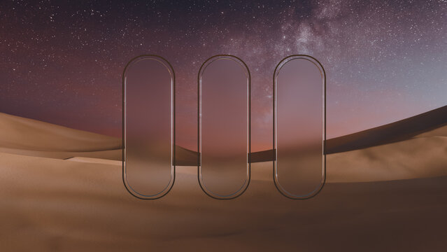 Surreal landscape with glass in the desert during sunset and stars