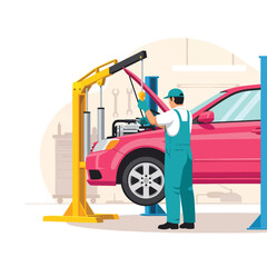 Naklejka premium Auto mechanic working on car engine in a professional repair shop, vehicle service illustration