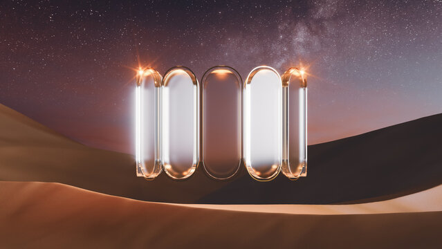 Surreal landscape with glass in the desert during sunset and stars