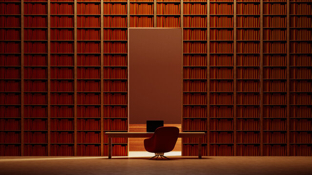 Study area with chair and laptop in a library filled with books