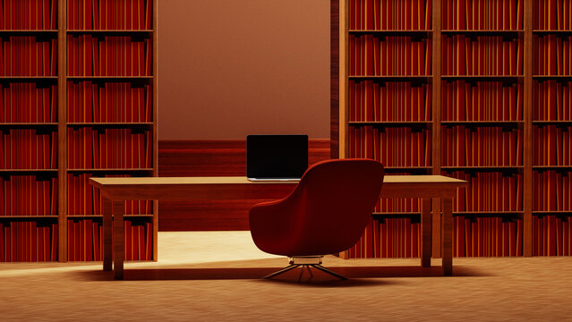 Study area with chair and laptop in a library filled with books