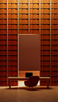 Study area with chair and laptop in a library filled with books