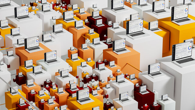 Stock market data displayed on laptops in a technological setting