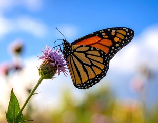 Obraz premium Monarch butterfly resting on a purple flower against a bright, blurred sky