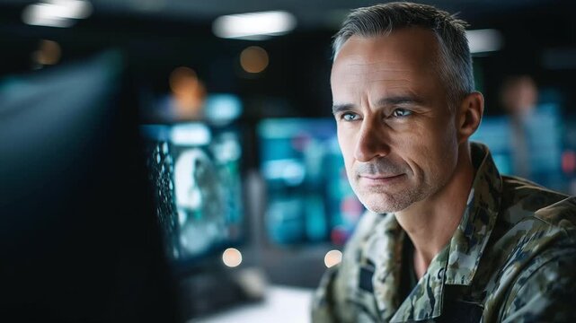 Faceless concentrated high-ranking officer observing real-time aerial footage, defocused multiple monitors surrounded by military control room lighting, digital interfaces, with