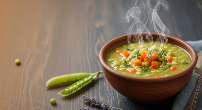 French Split Pea Soup with Steam and Earth-Toned Editorial Negative Space