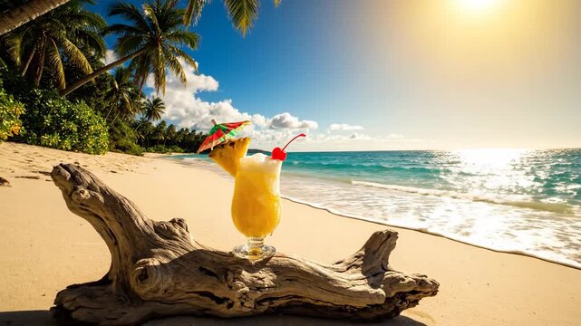 Tropical drink on driftwood, beach backdrop