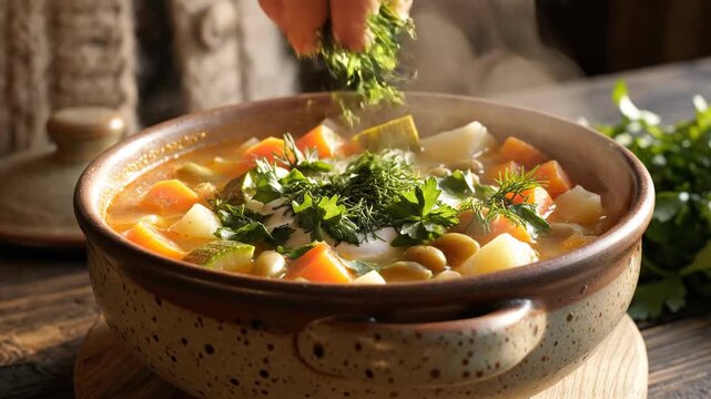 Herb garnish on soup