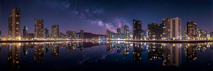 Naklejka premium Stunning nightscape of vibrant urban skyline with modern skyscrapers reflected in calm water under stars