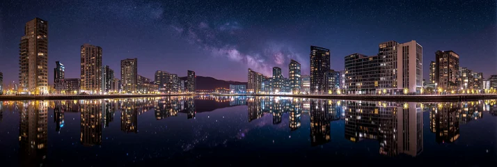 Stunning nightscape of vibrant urban skyline with modern skyscrapers reflected in calm water under stars © Enrique