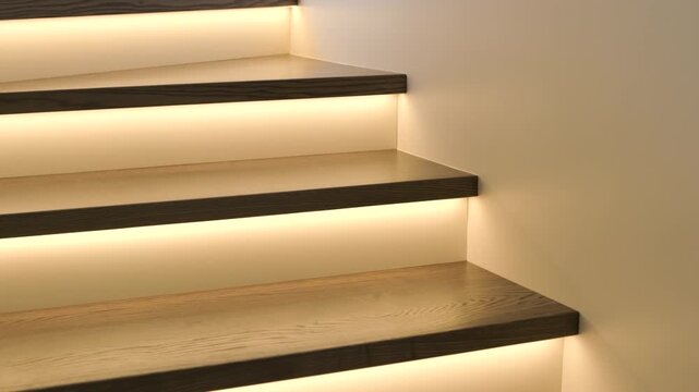 Modern interior design of a wooden staircase with integrated warm LED strip