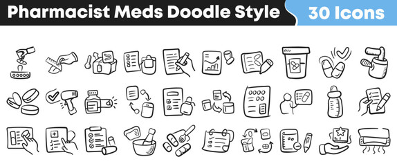 Obraz premium Hand-drawn doodle style icons for pharmacists and medication, featuring 30 essential healthcare elements perfect for digital applications, educational materials, and medical design projects.