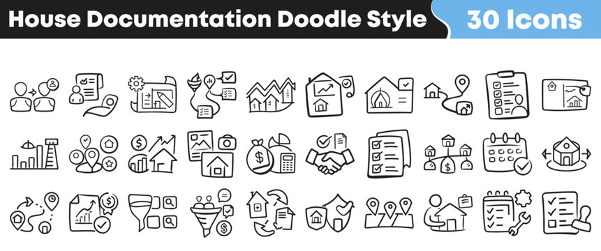 Comprehensive hand-drawn doodle style icon set for house documentation, real estate, property management, and home buying processes, providing versatile visual elements for various projects.