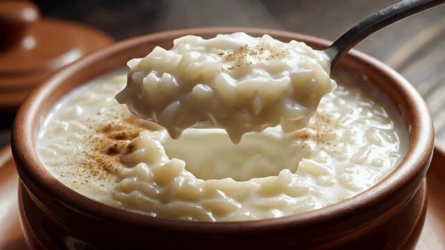 Close up of creamy rice pudding with a spoon for culinary and food concepts