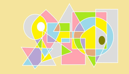 Abstract geometric composition with overlapping shapes, colorful intersecting circles and squares, vintage digital art style. © Marciazila