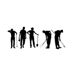 Collection of gardener and farmer silhouettes with tools, agricultural worker and landscaping maintenance service icons set