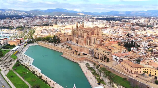 4K Aerial View of Palma Cathedral (La Seu) and Waterfront