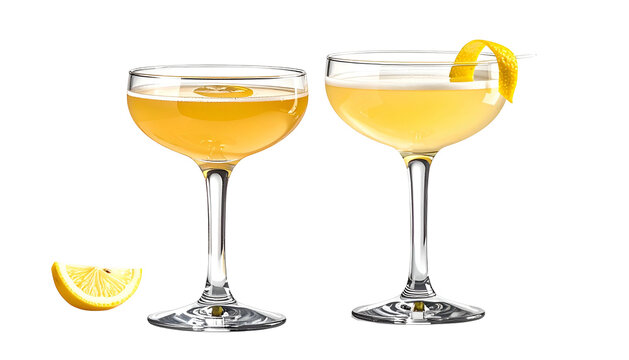 Two cocktails in stemmed glasses with a lemon garnish and a slice on a black background