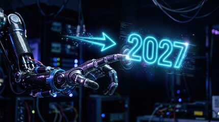Robotic finger pointing to 2027 with neon arrow on dark background. 2027 target theme.