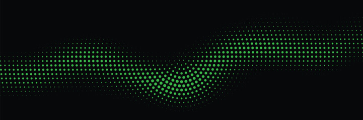 Green Halftone Dot Wave Abstract Background on Black, Perfect for Technology Branding, Digital Advertising, Event Posters and Modern Website Hero Sections