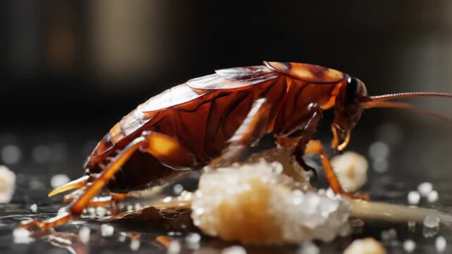Cockroach close-up eating crumbs