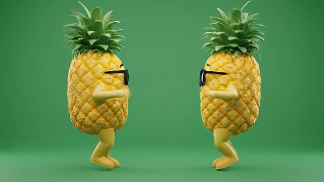Two cheerful cartoon pineapples wearing sunglasses dance with playful moves against a bright green background, bringing fun tropical vibes, summer energy, and a lighthearted party mood.