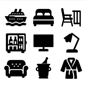 Hotel amenities: cruise, bed, mini fridge, tv, lamp, chair, sofa, ice bucket, robe